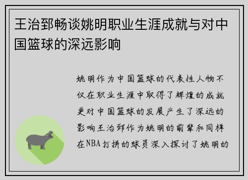 王治郅畅谈姚明职业生涯成就与对中国篮球的深远影响
